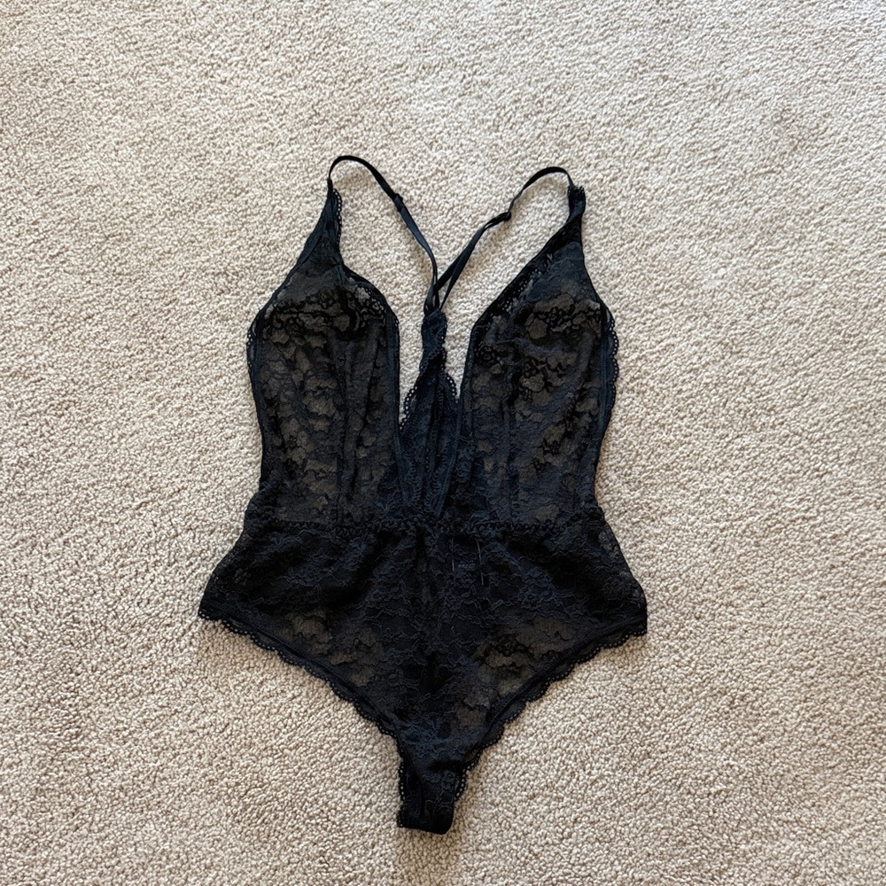 Black Sheer Lace V-Neck Thong Bodysuit